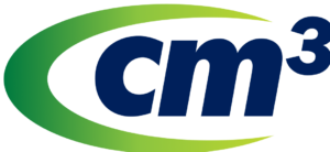 The image features a logo with the text "cm3" in bold, dark blue letters. There is a curved shape in green and yellow that wraps around the text, resembling a stylized orbit or crescent.