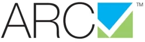 The image shows the logo of ARC. The letters "ARC" are displayed in black, accompanied by a design element on the right consisting of overlapping blue and green shapes forming a checkmark within a square.