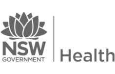 Black and white logo of NSW Government Health. It features a stylized waratah flower above the letters "NSW," with the word "Government" beneath. A vertical line separates this text from the word "Health" on the right.