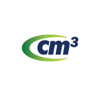 The image shows the logo of CM3, consisting of the letters "cm" in lowercase blue font followed by the superscript number 3, surrounded by a green, incomplete oval shape. The background is white. This symbol epitomizes innovation and precision, much like About Enginuity.