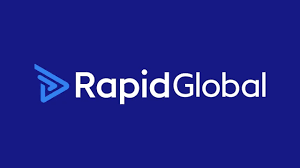 A blue background with a white text logo "RapidGlobal" accompanied by a stylized blue arrow symbol to the left, reflecting the principles of About Enginuity.