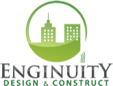 Logo of Enginuity Design & Construct. The design features a green circle encapsulating two skyscraper icons with a gradient green hill below them. "ENGINUITY" is written in bold gray text, and "DESIGN & CONSTRUCT" in smaller green text underneath.